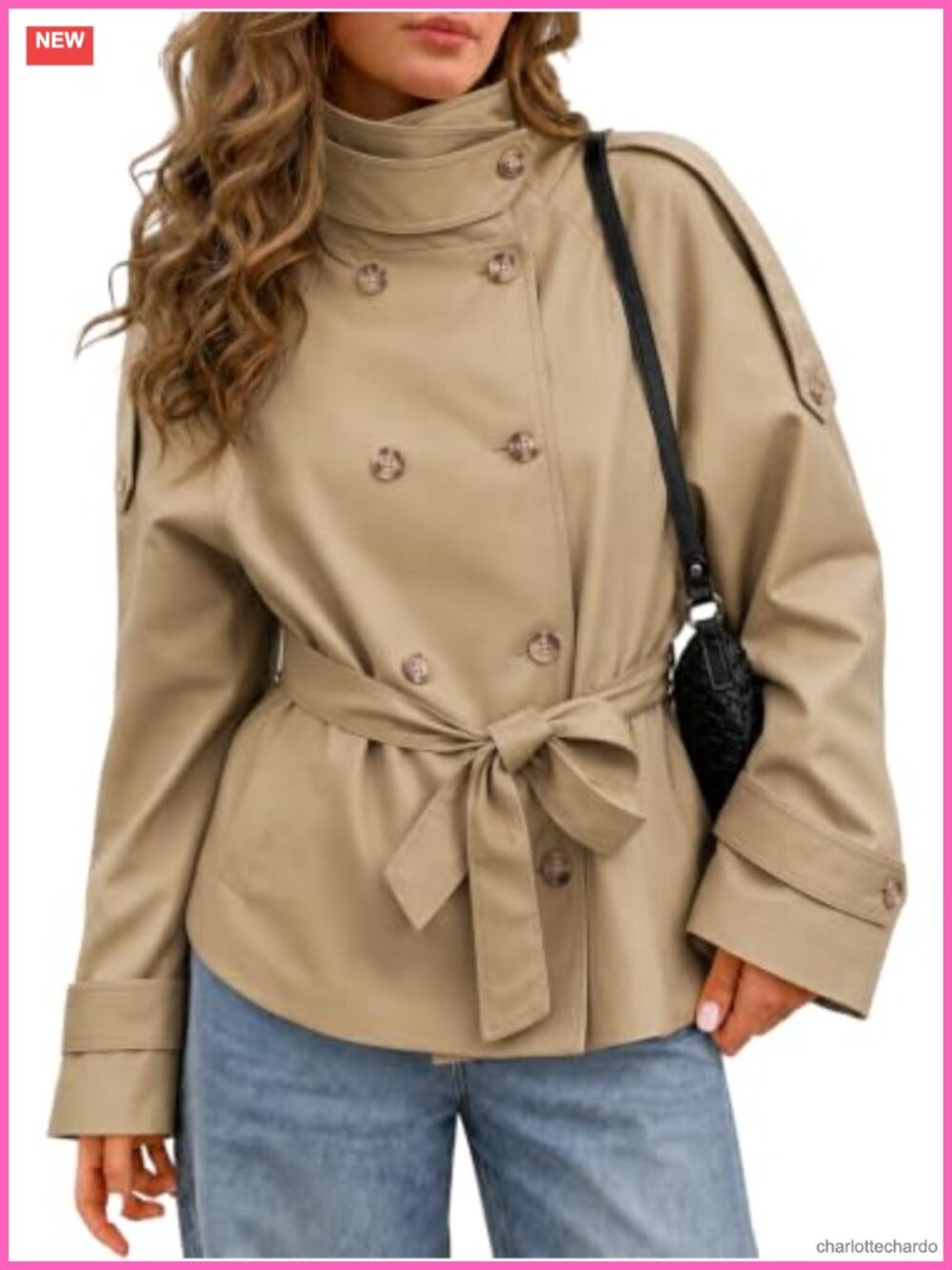 Women's Double Breasted Short Trench Coat Fall Jacket with Belt